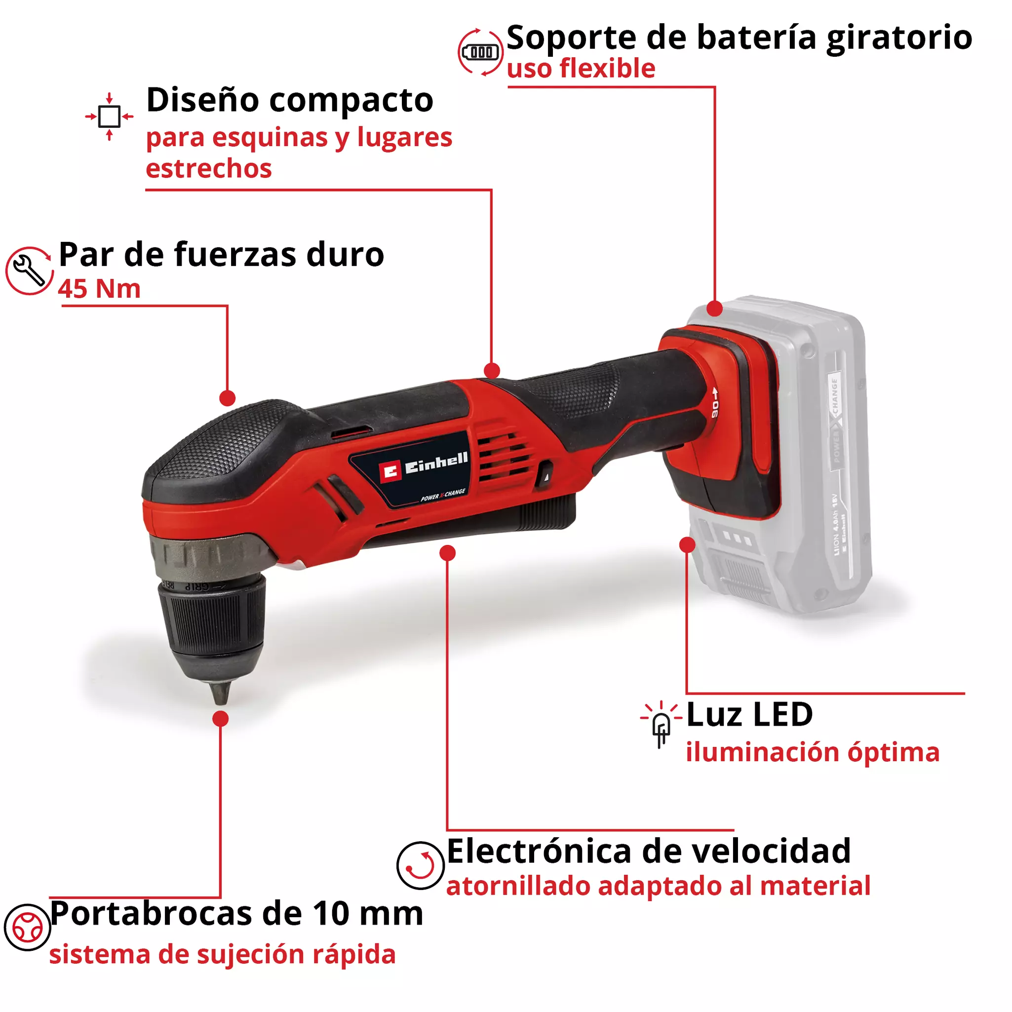 Taladro EINHELL Angular a Batería TE-AD 18 Li - Solo - Imagen 2