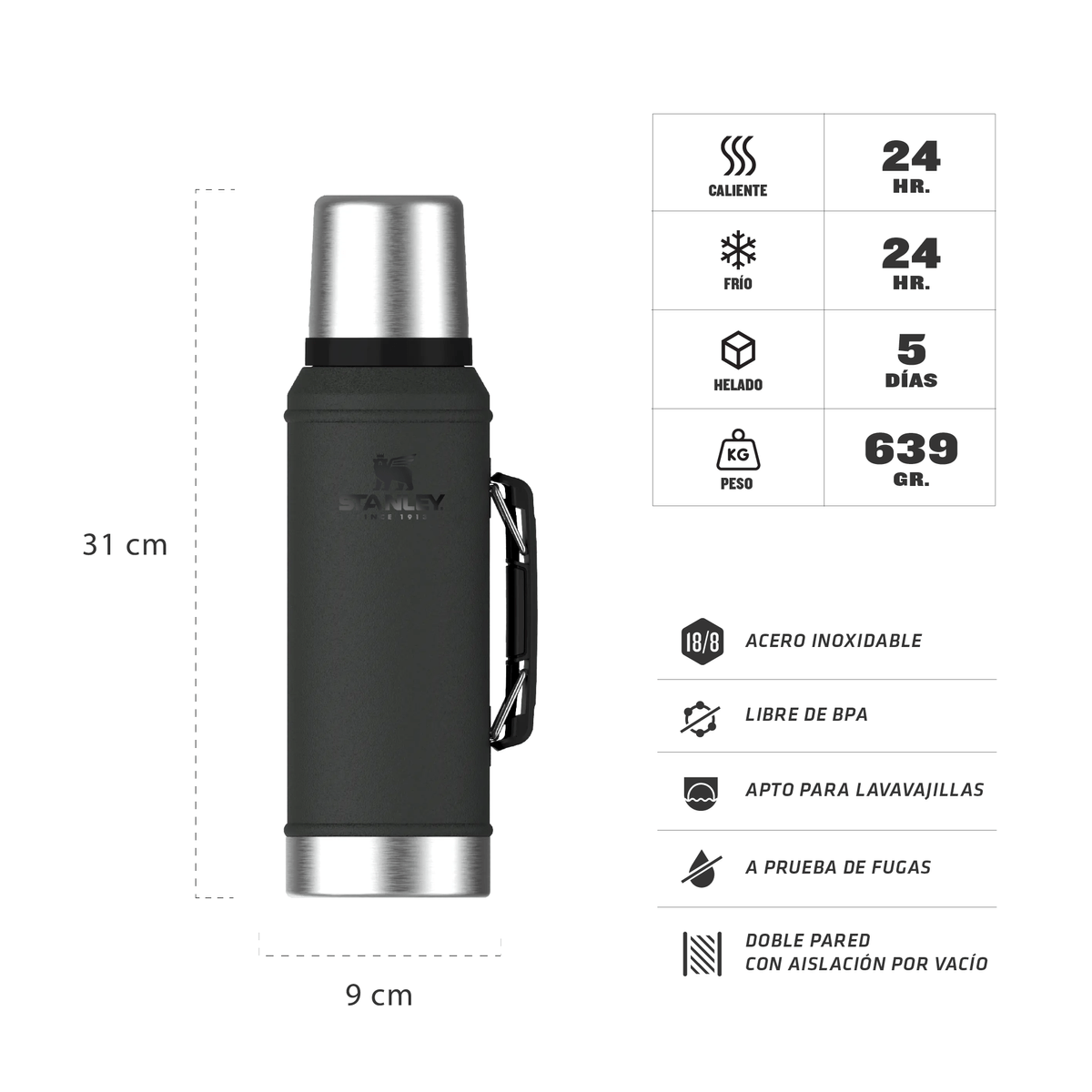 Termo STANLEY c/ Manija y Tapon 950ml-Negro - Imagen 2