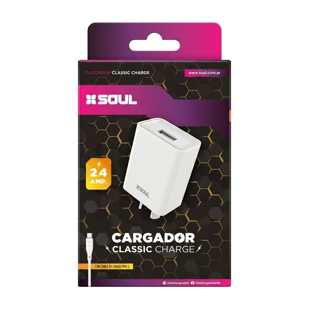 Cargador SOUL Clásico 2.4 A USB (c/cable Tipo C) - Imagen 2